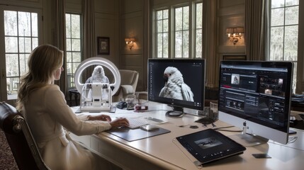 Modern Workspace with Woman and Bird, Photography and Editing Setup