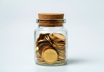 Glass jar filled with gold coins on white background symbolizing savings and wealth