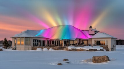 Stunning Winter Landscape with Colorful Lights on Modern House