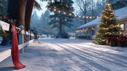 Festive Winter Wonderland Scene with Snow, Decorations, and Lights