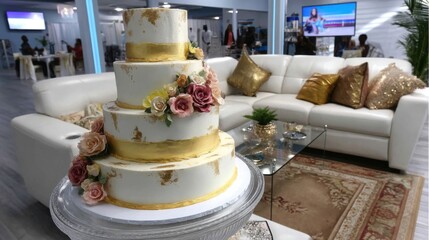 Elegant Wedding Cake Decorated with Flowers and Gold Accents