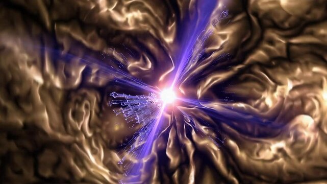 Gamma burst origin through swirling dust layers with turbulent energy cross and glowing plasma ridges in brown field

