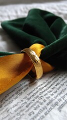 Elegant Gold Ring Resting on Green and Yellow Fabric with Text
