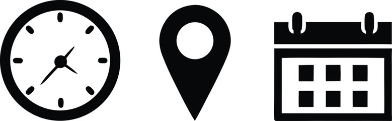 Clock Location Pin and Calendar Icons in Black and White