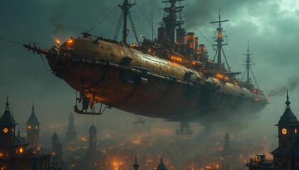 Futuristic Steampunk Battleship Soaring Through the Skies