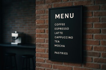 Coffee shop menu sign on brick wall with espresso machine and stools in background