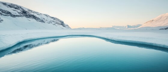 Vast arctic scene displays snow covered mountains beside a clear blue pool. Calm water reflects pale sky above frozen landscapes.