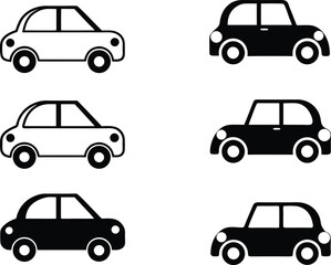 Six Cartoon Car Icons in Black and White Color Variations