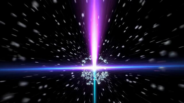 Gamma burst beam crossing in space with expanding dust fragments and bright central pulse between glowing rings

