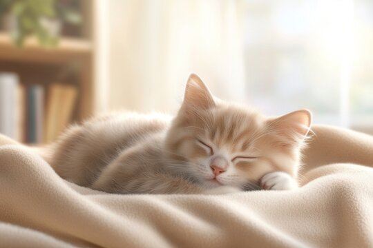 Adorable kitten sleeping peacefully on soft blanket in cozy sunlit room