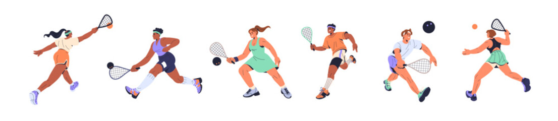 Set of squash players. Athletes in uniform are rushing to hit ball with racket. Sportsmen and sportswomen play padel tennis on court. People at sport game. Flat isolated vector illustrations on white