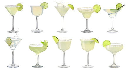 Set of tasty margarita cocktail on white background