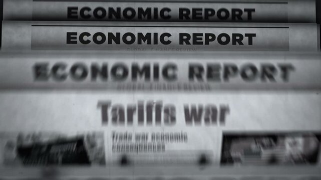 Tariffs war trade crisis vintage news and newspaper printing. Abstract concept retro headlines 3d black and white.