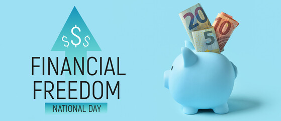 Piggy bank with euro banknotes on blue background