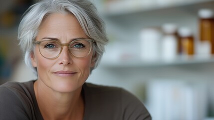 Confident mature woman with glasses in office environment