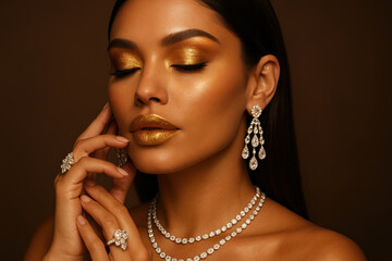 Woman dazzles in gold makeup and jewelry.