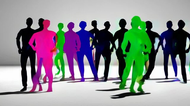 Vibrant human silhouettes dancing and posing on pristine white background, representing multicultural diversity through dynamic, colorful movement and expressive body language