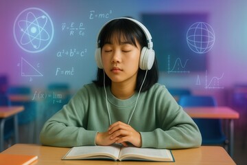 Young Asian girl wearing headphones focused on study with math and science symbols in classroom