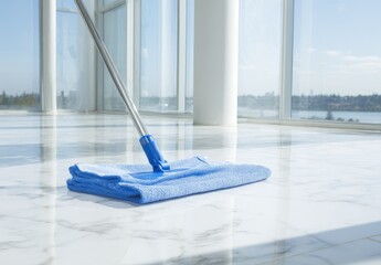 Clean blue mop on white marble floor, modern interior