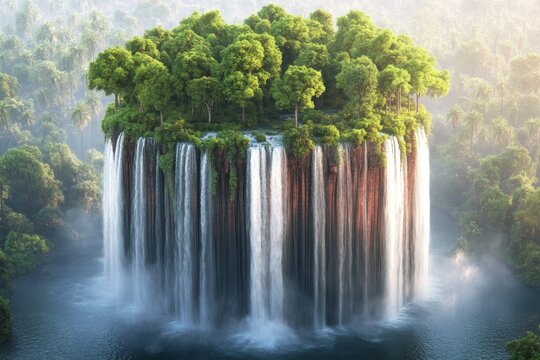 Mesmerizing waterfall cascades over a lush island surrounded by vibrant greenery in a tranquil setting - Powered by Adobe