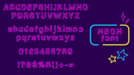 Neon Style Vector Alphabet Set - Glowing Pink Letters, Numbers, and Symbols