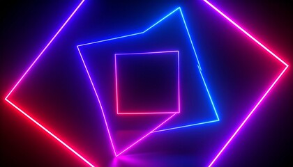 3d render. Abstract geometric background. Curvy ribbon in the shape of a square, glowing with bright neon light in the dark.