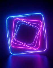 3d render. Abstract geometric background. Curvy ribbon in the shape of a square, glowing with bright neon light in the dark.