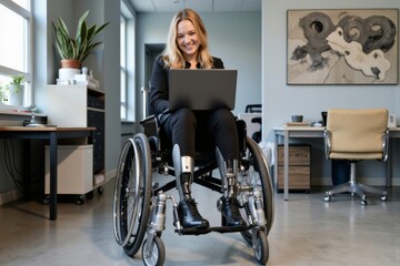Female Business Professional in a Wheelchair and Superhero Prosthetic Legs Radiates Joy While Working in a Modern and Inclusive Office Environment.