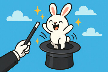 Rabbit emerging from magician's hat with wand.