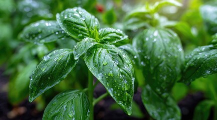 Close-up of fresh basil leaves glistening with rain drops