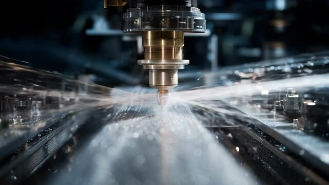 Metalworking cnc milling machine cutting metal workpiece, producing swarf and spraying coolant liquid for heat dissipation during high speed manufacturing process