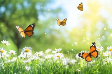 Monarch butterflies in a sunny spring meadow