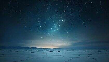 Starry Night Over Frozen Desert, Winter Landscape Of Cracked Earth Under The Milky Way.