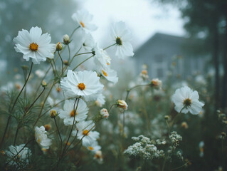 field of flower in a misty morning