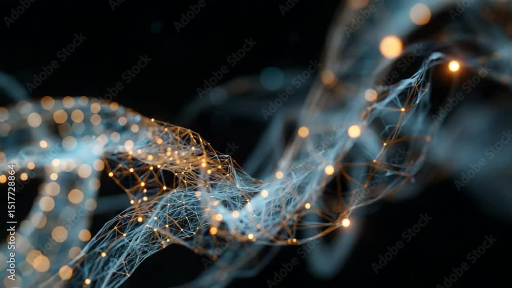 Poster golden particles are flowing through a digital network creating a mesmerizing visual effect on a bla