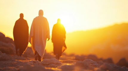 Ancient sacred journey scene featuring reverent spiritual group walking rocky terrain with warm sunset illumination during profound philosophical discussion perfect for religious inspiration and faith