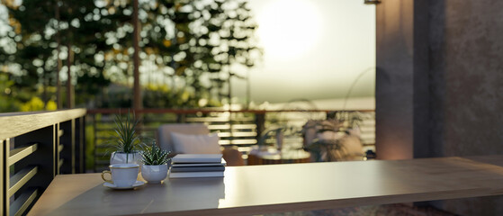 A coffee cup with books and potted plants aside on wooden counter at balcony or terrace of a house.