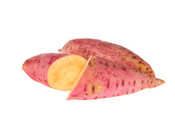 Ripe sweet potatoes on a white background