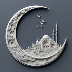 Ornate crescent moon, mosque, and birds.  A white, carved crescent moon design,  featuring a mosque nestled within, and birds in flight.  Detailed carvings