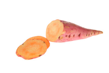 Ripe sweet potatoes on a white background
