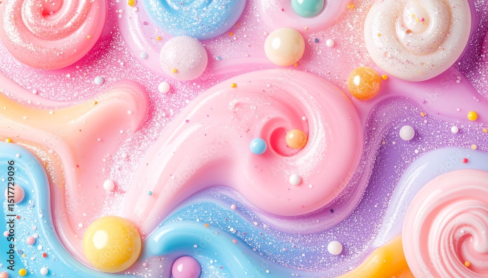Poster whimsical abstract background with swirls, polka dots, and glittery textures in a candy-like color s