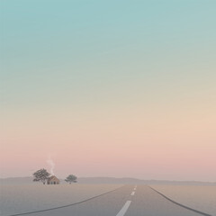 Minimalist rural landscape with country house at sunset have local road through the plain to the mountain ranges graphic illustrated square template.