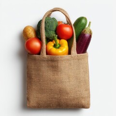 Reusable burlap tote bag filled with fresh produce