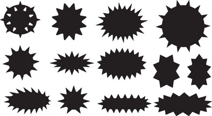 A set of various black graphic shapes, including stars, and abstract forms, isolated on a white background.