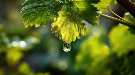 Dewdrop on a vibrant grape leaf