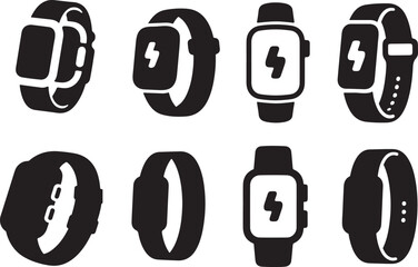 Four black silhouette icons of smartwatches, each showing a charging symbol.