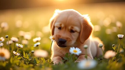 Adorable puppy sniffing daisies under warm sunlight  
 - Powered by Adobe