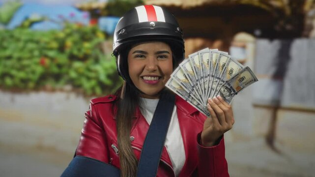 Woman in helmet with arm sling holding us dollars outdoors, smiling in leather jacket.
