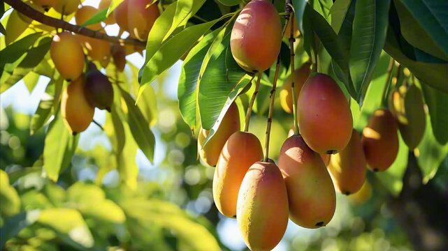 Fresh ripe mango fruits on branch against a beautiful bokeh of mango trees. Sweet tropical fruit, natural background of mango plantation. Beautiful sunlight