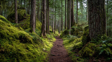 Fototapeta premium Serene adventure path flanked by tall cedar trees, surrounded by lush green moss and vibrant foliage, invites exploration and tranquility in nature embrace
